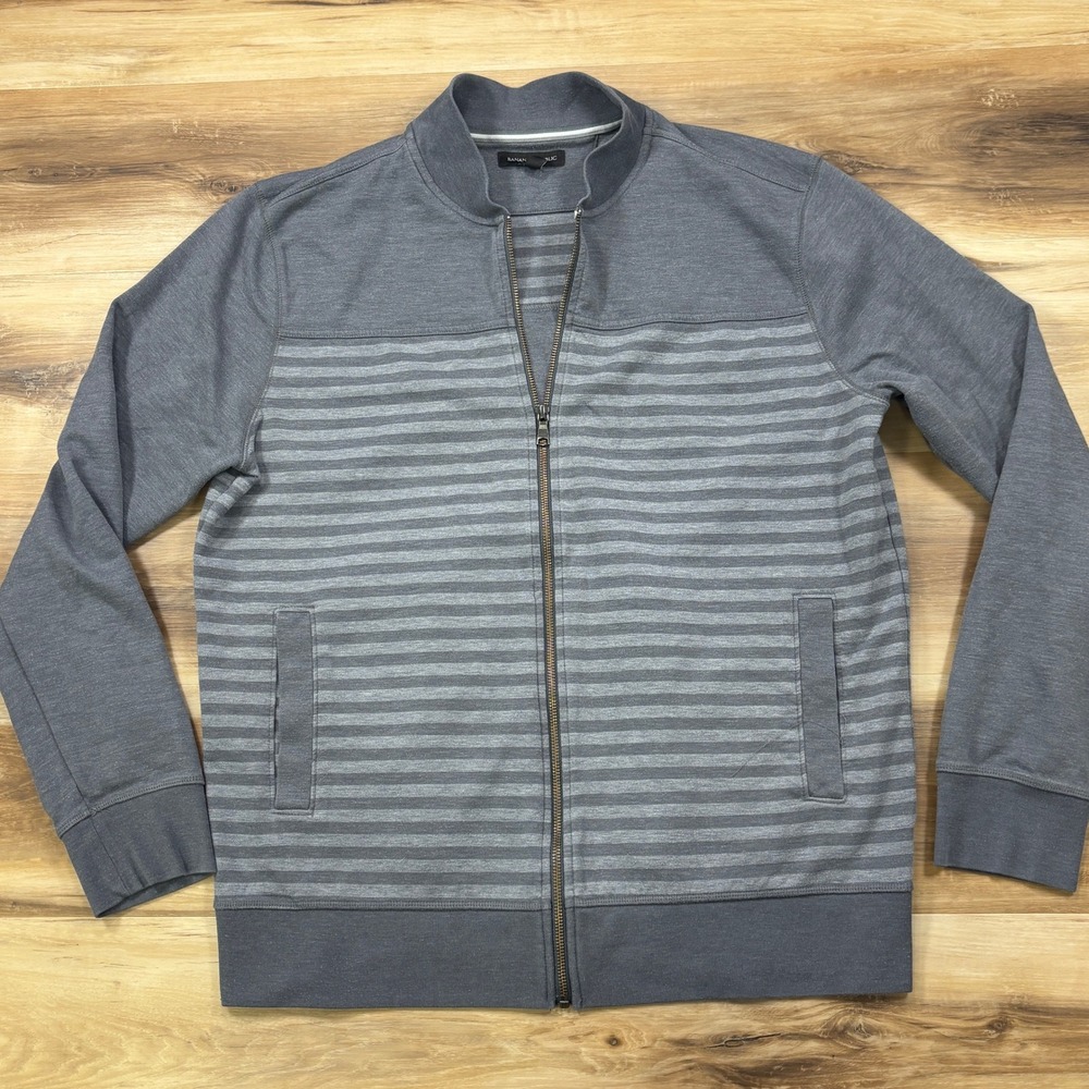 Banana Republic Bomber Sweatshirt Men XL Striped Cotton Blend Zip Up Gray Casual